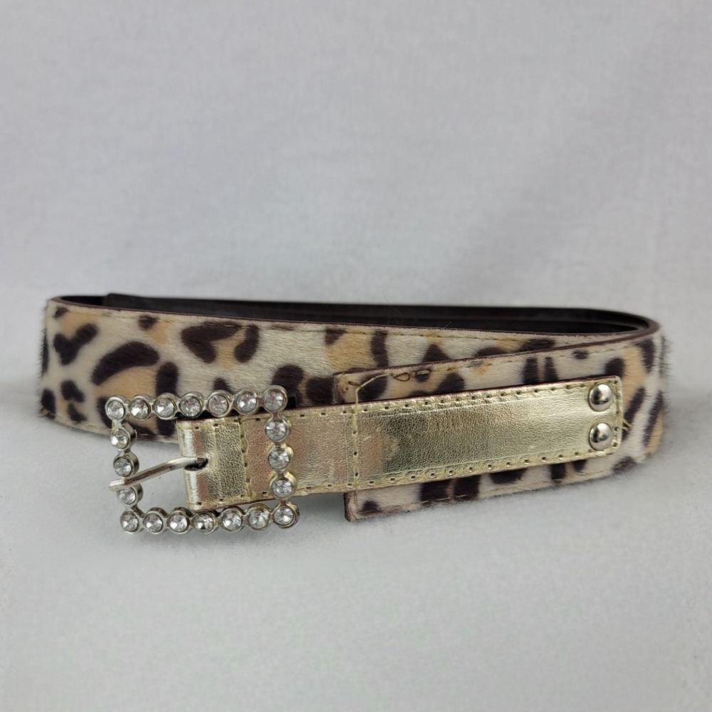 Vintage Womens Leopard Calf Hair Belt Gold Rhinestone Buckle Small Animal Print